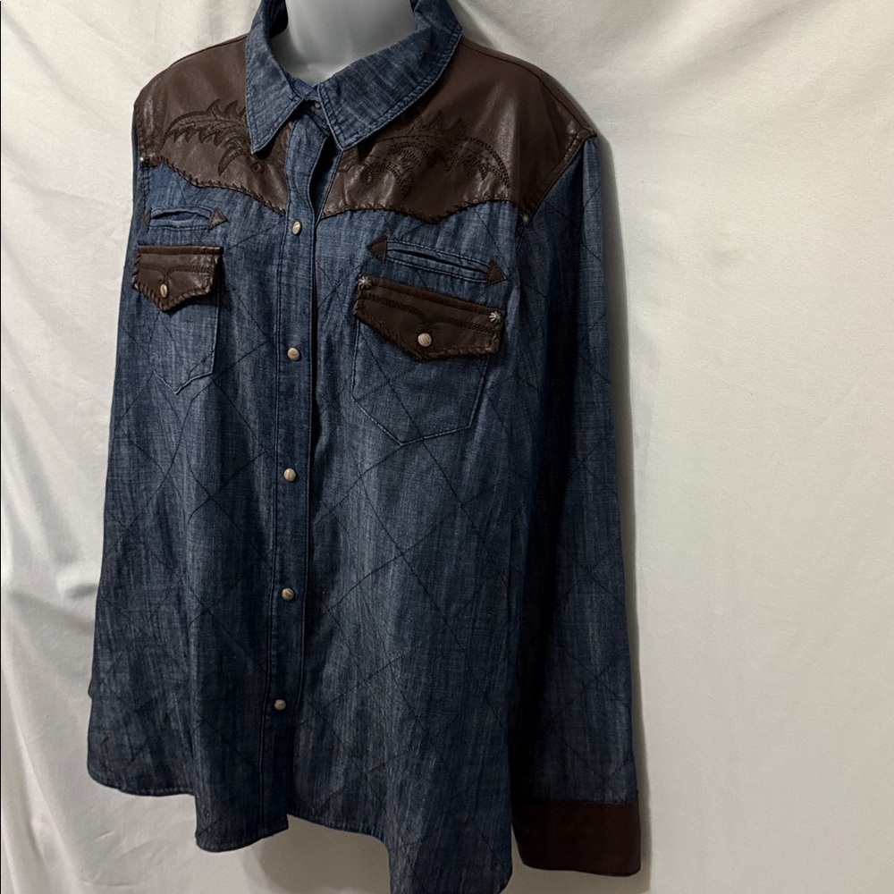 Double D Ranch Denim Switchback Shirt Jacket Leather Trim Pearl Snaps Size 2X - Picture 4 of 12